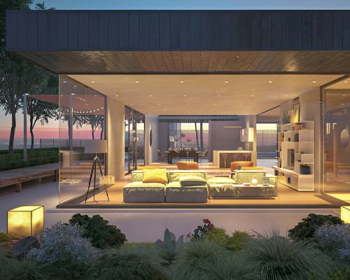 Fachada de vidrio y madera con vista a la sala y el comedor de una casa - Fachadas